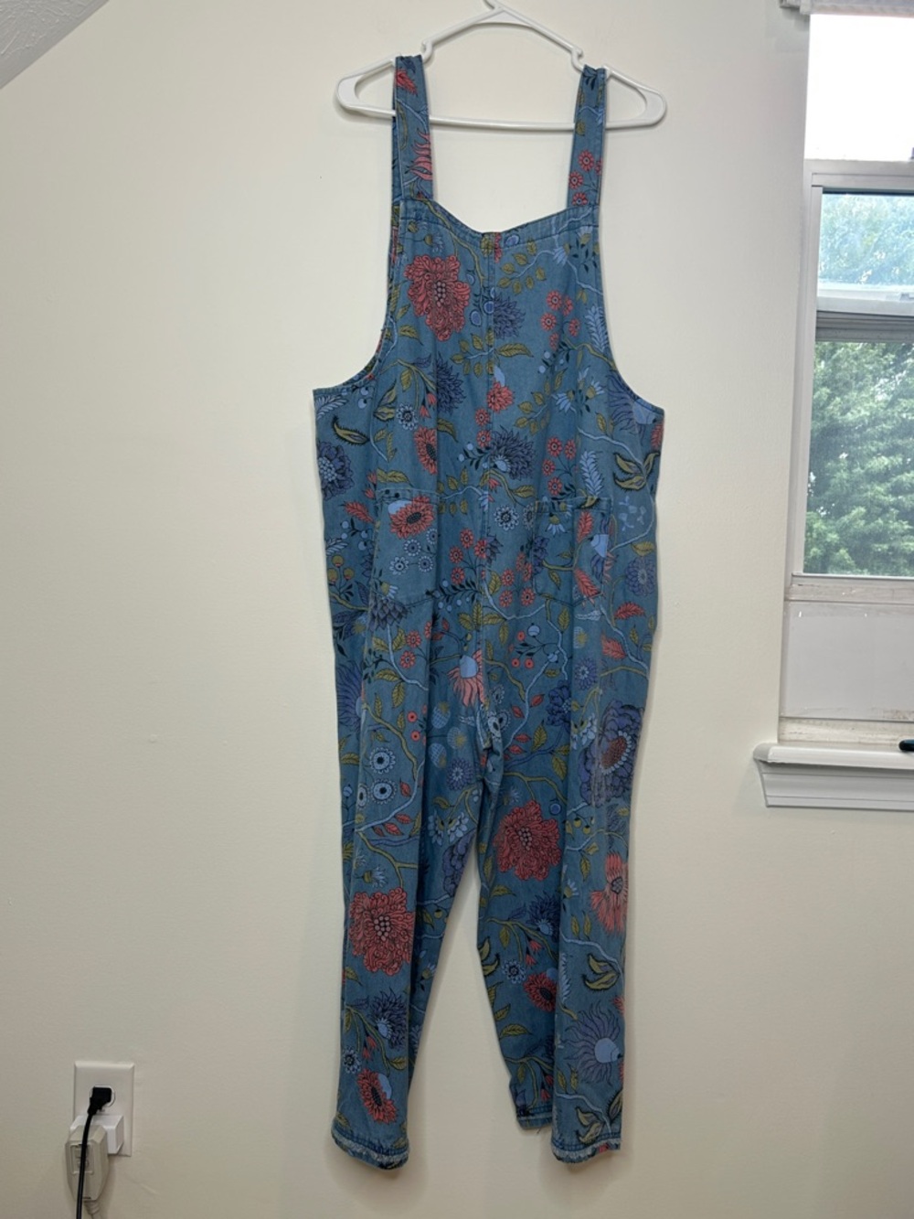 NEW Easel Oversized Floral Print Denim Overall Jumpsuit Washed Denim Size Large - Picture 6 of 11